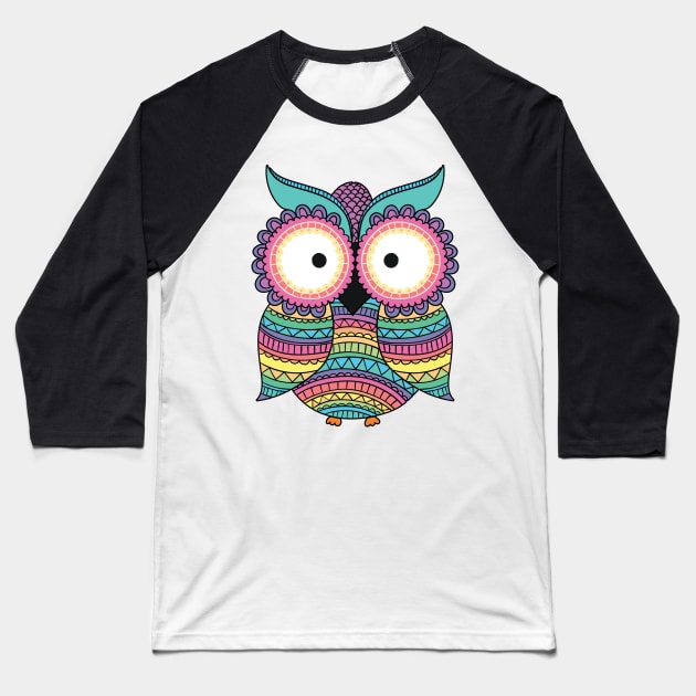 Geometric Pastel Rainbow Owl Baseball T-Shirt by SandiTyche